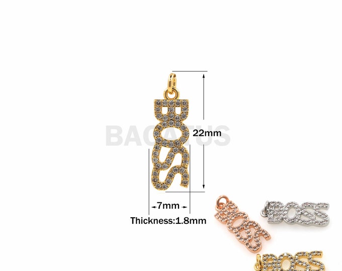 1PCS BOSS Letter Pendant Micro-Paving Boss Word necklace Suitable for Bracelets Necklaces, Jewelry Making Supplies Gold Filling 22x7x1.8mm