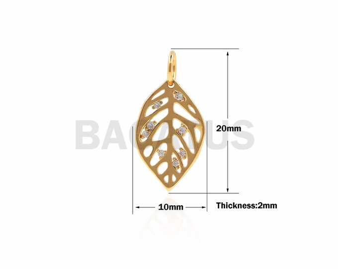 1PCS Gold Leaf Pendant, Leaf Necklace, Leaf Charm, CZ Leaf Pendant, Leaf Charm, Natural Charm, DIY Jewelry Making Supplies 20x10x2mm