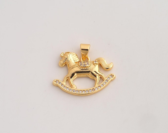 18K Gold Filled Rocking Horse Charm,Dainty Horse Pendant,CZ Rocking Horse Pendant ,DIY Jewelry Supplies,19.6x22.5x3.2mm