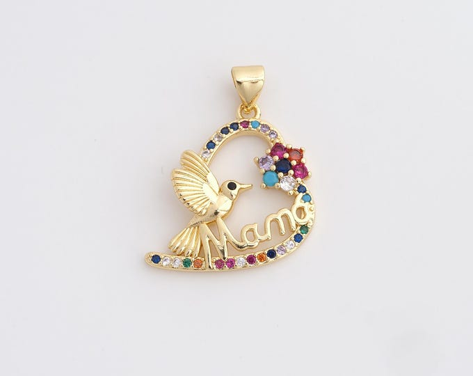 18K Gold Filled MAMA Charm, Micropavé CZ Bird Pendant,Letter Necklace Charm, DIY Jewelry Supplies, 28x21.8x3.3mm