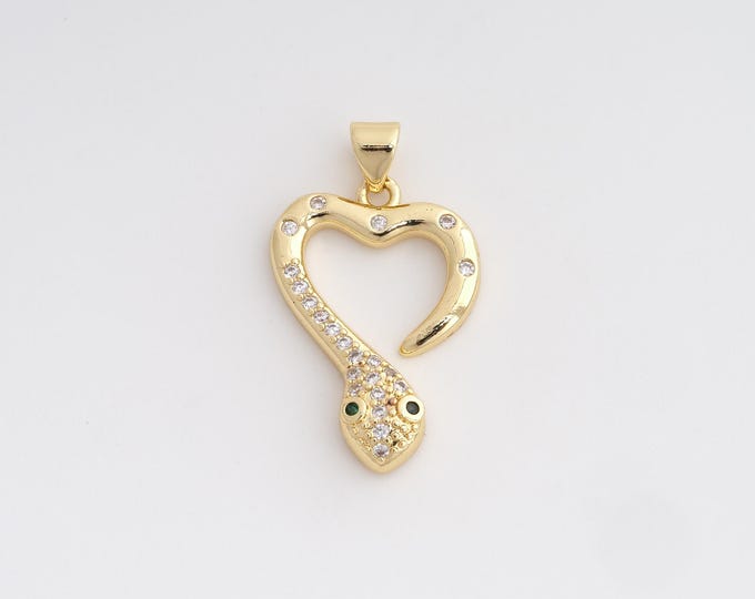 18K Gold Filled Snake Charm, Micropavé CZ Animal Pendant,Snake Necklace Charm, DIY Jewelry Supplies, 29.6x17.4x3.5mm