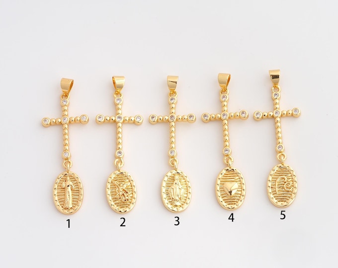18K Gold Filled Heart Jesus Cross Charm,Dainty Religious Pendant,CZ Fe San Miguel Virgin Mary Pendant ,DIY Jewelry Supplies,44.2x14.8x2.6mm