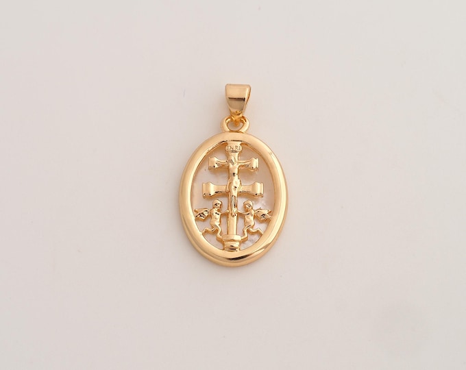 18K Gold Filled Caravaca Cross Charm,Dainty Fritillaria Religious Pendant,Christian Pendant ,DIY Jewelry Supplies,27.7x15.5x3mm