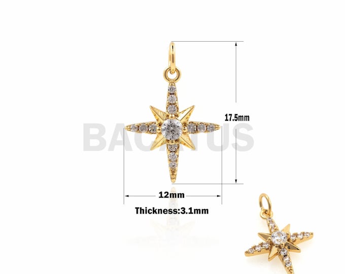 1PCS Micro-Pave Polaris Pendant, CZ Polaris, Gold Polaris Necklace, Polaris Charm, Star Pendant, Star Charm, Star Necklace 17.5×12×3.1mm