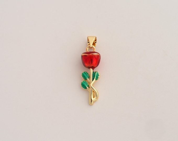 18K Gold Filled Rose Flower Charm,Dainty Enamel Flower Pendant,Red Rose Pendant ,DIY Jewelry Supplies,27.8x7.6x7.5mm