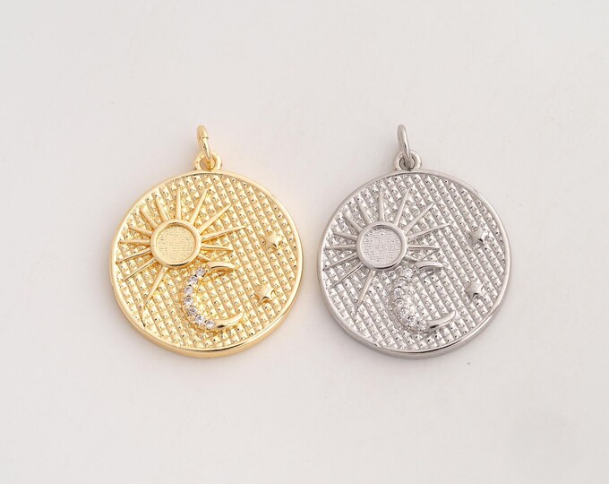 18K Gold Filled Sun Moon Star Charm,Dainty Celestial Pendant,CZ Round Pendant ,DIY Jewelry Supplies,27x21x2.6mm