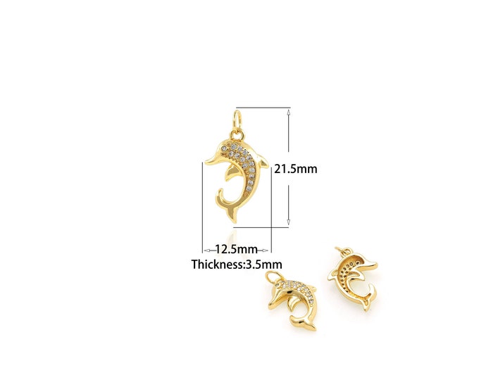 1PCS Micro-Pave Gold Dolphin Pendant Gold Dolphin Pendant Marine Life Jewelry Necklace Beach Charm Jewelry Supply 12.5x21.5x3.5mm