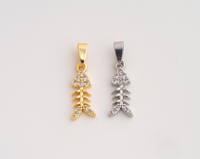 18K Gold Filled Fishbone Charm,Dainty Fishbone Pendant,CZ Fishbone Pendant ,DIY Jewelry Supplies,22.4x7x2.4mm