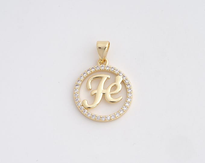 18K Gold Filled Fe Charm, Micropavé CZ Round Pendant,Letter Necklace Charm, DIY Jewelry Supplies, 28.8x20.5x1.8mm