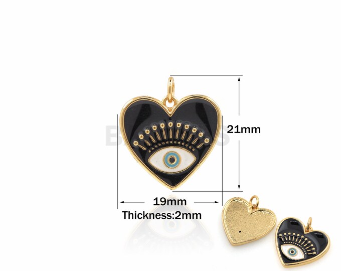 1PCS 18K Gold Filled Cubic Zirconia Black Enamel Heart Necklace Love Heart Eye Pendant DIY Jewelry Making Supplies CZ Charm 21x19x2mm