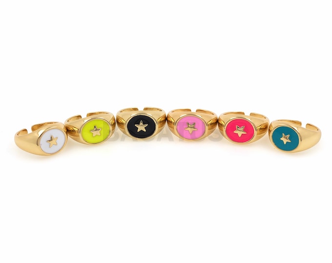 18K Gold Filled Signet Ring, Adjustable Ring, Gold Open Ring, Enamel Star Ring, Polaris Ring, Daily Ring, Star Charm