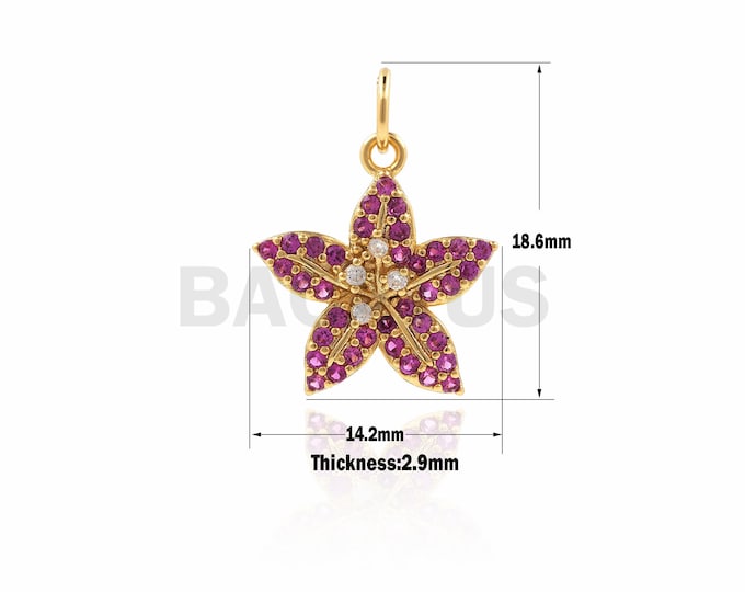 1PCS Micro-Pave Flower Pendant, Five Petal Flower Necklace, CZ Red Flower Pendant, Suitable For Jewelry Making 18.6×14.2×2.9mm