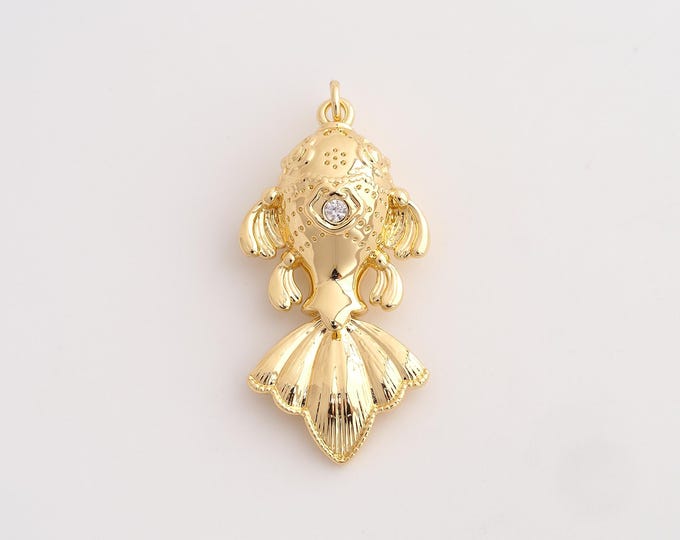 18K Gold Filled Goldfish Charm,Micropave CZ Marine Life Pendant,Fish Necklace Charm, DIY Jewelry Supplies, 39.5x18.6x9mm