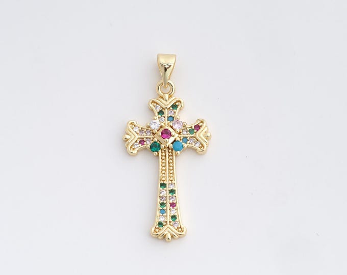 Cross Charm,18K Gold Filled Cross Necklace,Religious Charm, MicroPave CZ Christian Charm, DIY Jewelry Supplies, 35.8x16.8x3.5mm