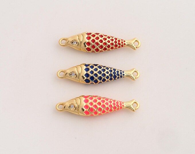 18K Gold Filled Fish Connector,CZ Marine Life Connector,Enamel Fish Connector for Jewelry Making 28x7.5x3.7mm
