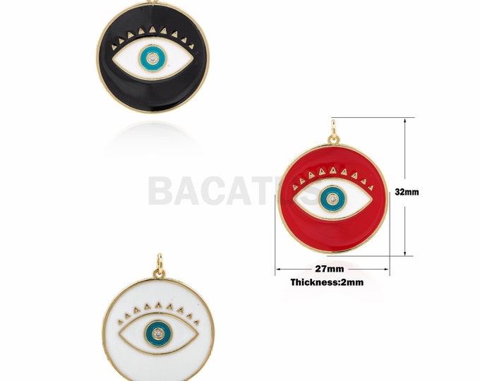 1PCS Devil's Eye Necklace Round Pendant Greek Eye Charm Turkish Eye DIY Jewelry Making Eye Jewelry Enamel Charm 18K Gold Filling 32x27x2mm