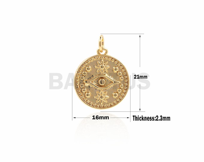 1PCS 18K Gold-Plated Eye Round Coin Pendant, Single Eye Charm, Eye Necklace, Eye Charm, Round Coin Pendant 21x16x2.3mm