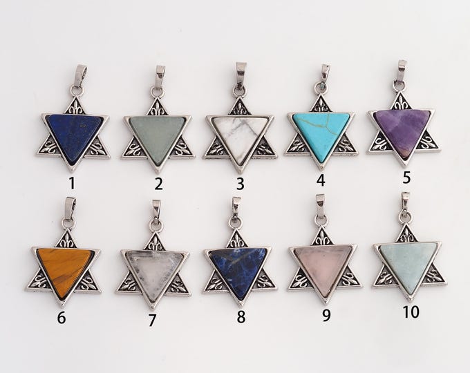 Vintage Silver David Star Gemstone Pendant,Jewish Star Natural Stone Charms,Crystal Gemstone Charm DIY Jewelry Making Supply,36.8x23.7x4mm