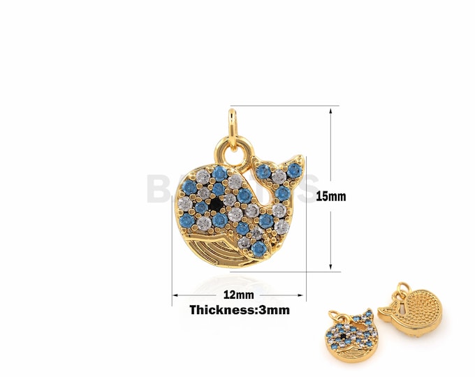 1PCS Blue Whale Pendant Mammal Necklace DIY Jewelry Making Cubic Zirconia 18K Gold Filling Ocean Charm Sea Life CZ Charm 15x12x3mm
