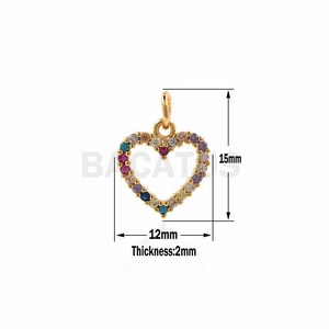 Shiny Gold colorful Heart Charm,CZ Heart Shape pendant, Bracelet Charms for Jewelry Making 12x15x2mm 1PCS