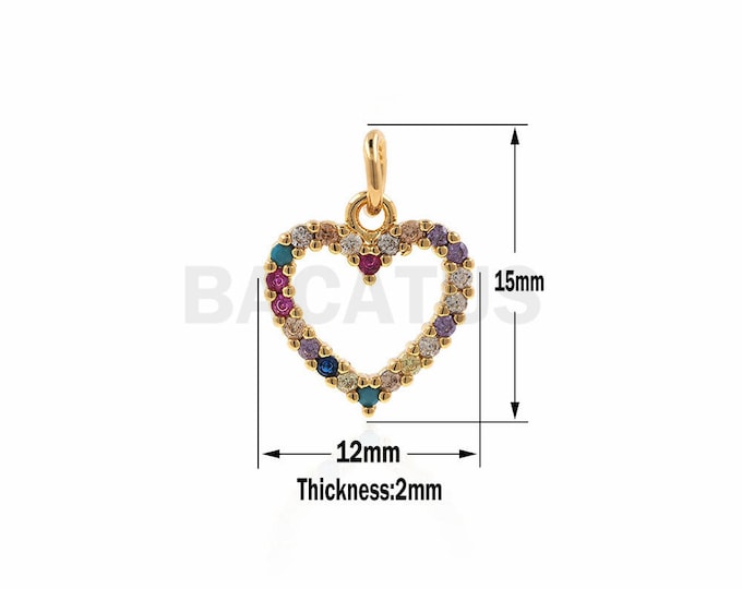 Shiny Gold colorful Heart Charm,CZ Heart Shape pendant, Bracelet Charms for Jewelry Making 12x15x2mm 1PCS
