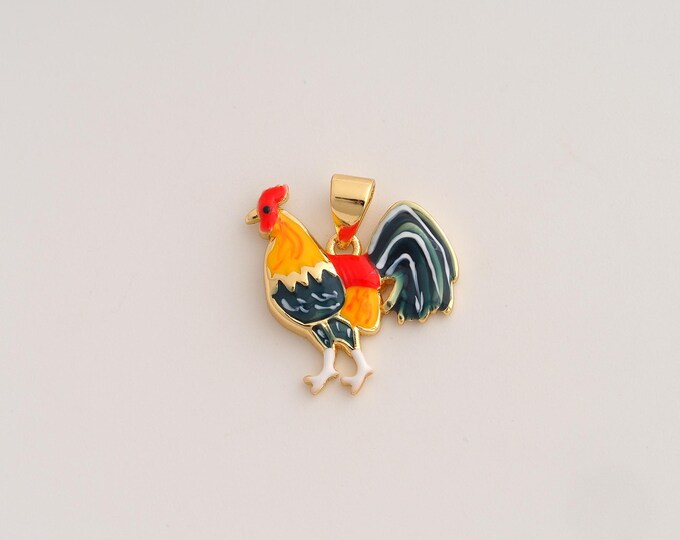 18K Gold Filled Rooster Charm,Dainty Enamel Animal Pendant,Rooster Pendant ,DIY Jewelry Supplies,18.7x18x3mm