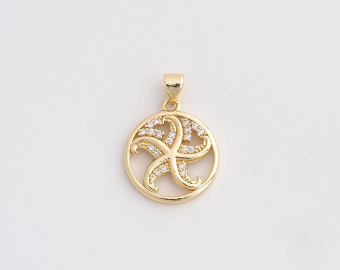 18K Gold Filled Starfish Charm,CZ Round Pendant,Starfish Necklace Charm, DIY Jewelry Supplies, 25.4x18x2.8mm