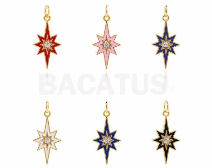 1PCS 18K Gold Filled Enamel Charm,Micropavé CZ Polaris Pendant Starry Sky Polaris Necklace Star Charm,DIY Jewelry Supplies 24.5x11x1.5mm