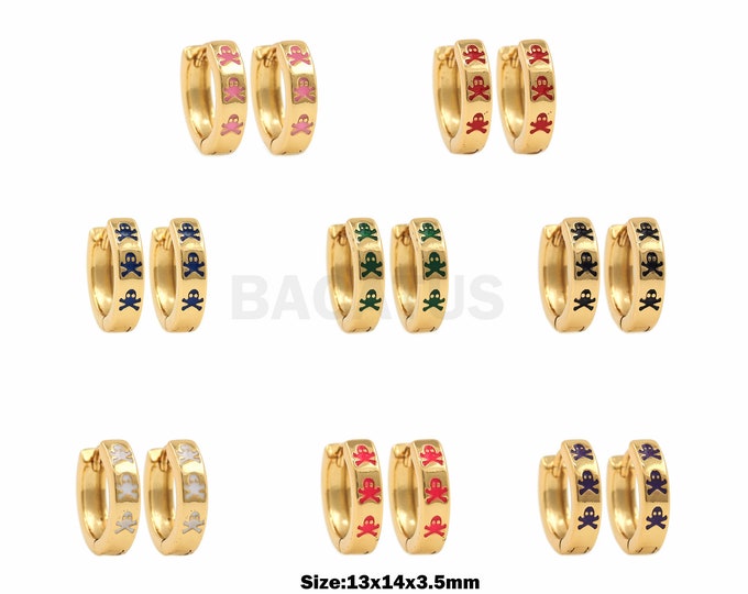 1Pair Colorful Enamel Skull Hoop Earrings Enamel Gold Hoop Earrings Pierced Earrings Round Earrings, Ladies And Girls Earrings 13x14x3.5mm