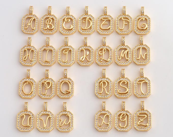 18K Gold Filled Gold Silver Initial Charm,Dainty A-Z Letter Pendant,CZ Square Initial Pendant ,DIY Jewelry Supplies,22x12.6x3.4mm