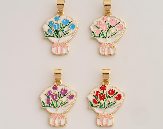 18K Gold Filled Flower Charm,Dainty Flower Pendant,Enamel Flower Pendant ,DIY Jewelry Supplies,29.3x18.4x1.7mm