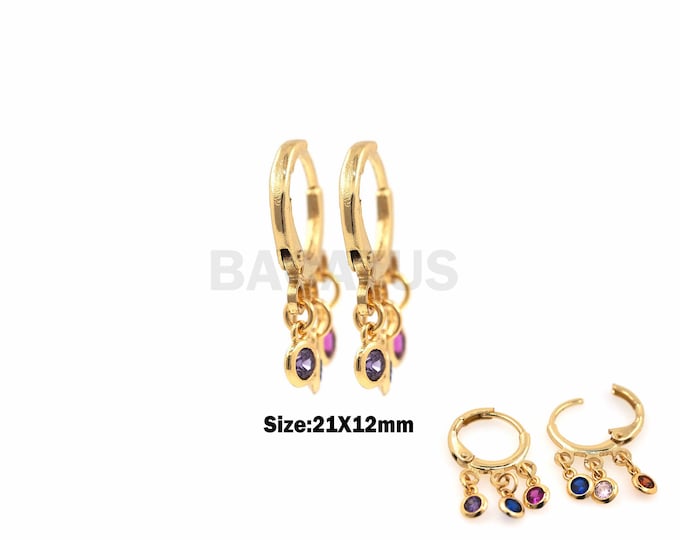 1Pair Ladies Fashion Jewelry Round Lever Back Earrings Colorful Zircon Tassel Earrings Colorful Zircon Gold Circles 21x12mm