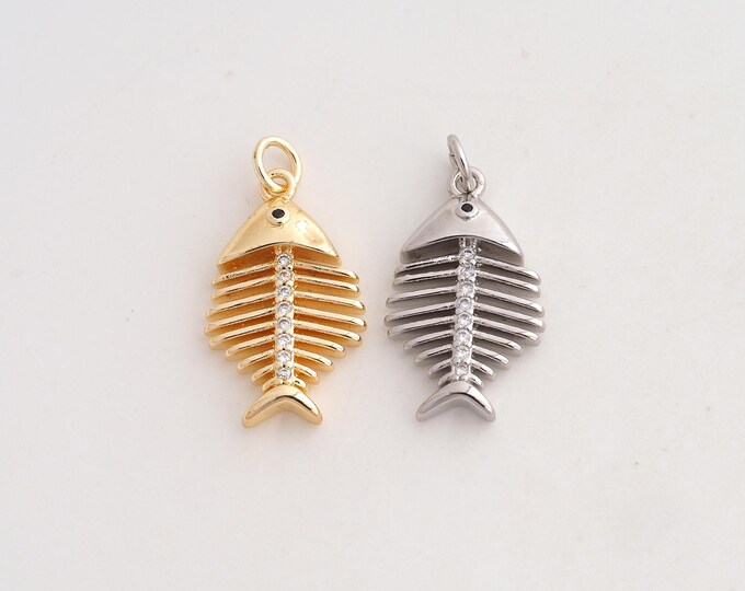 18K Gold Filled Fishbone Charm,Dainty Fishbone Pendant,CZ Fishbone Pendant ,DIY Jewelry Supplies,25x13.3x3.8mm