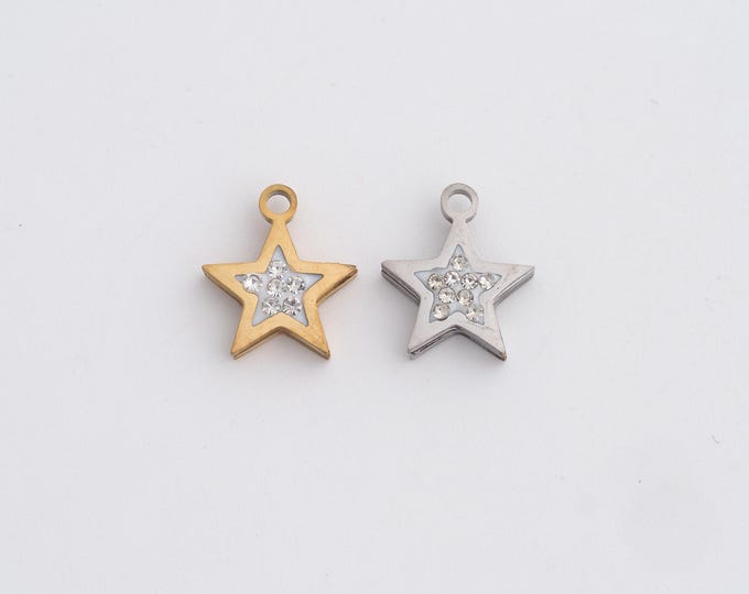Stainless Steel Star Pendant,Celestial Charms,CZ Starburst Charm Bracelet Necklace for DIY Jewelry Making Supply,11.2x10x2.3mm