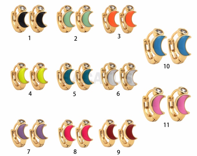 1 Pair, 18K Gold Filled Moon Enamel Earrings, Crescent Earrings, Multicolor Enamel Earrings, Everyday Earrings, 11x7x2mm