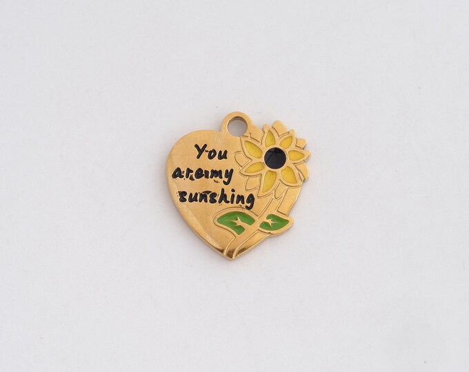 Stainless Steel Heart Pendant,Enamel Sunflower Charms,Heart Charm Bracelet Necklace for DIY Jewelry Making Supply,15.6x15x1.3mm