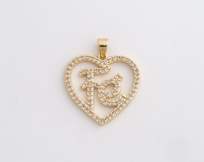 18K Gold Filled Fe Charm, Micropavé CZ Heart Pendant,Letter Necklace Charm, DIY Jewelry Supplies, 28.4x24x2.4mm