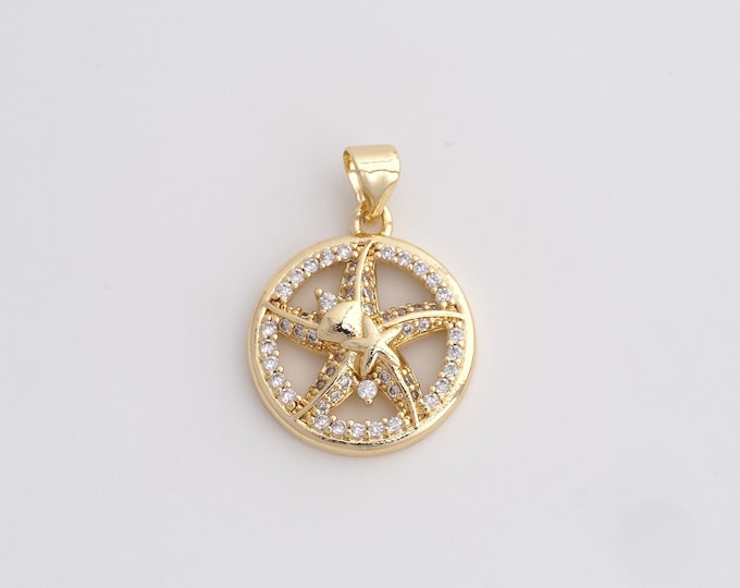 18K Gold Filled Starfish Charm, Micropavé CZ Starfish Pendant,Starfish Necklace Charm, DIY Jewelry Supplies, 25.2x18x3.8mm