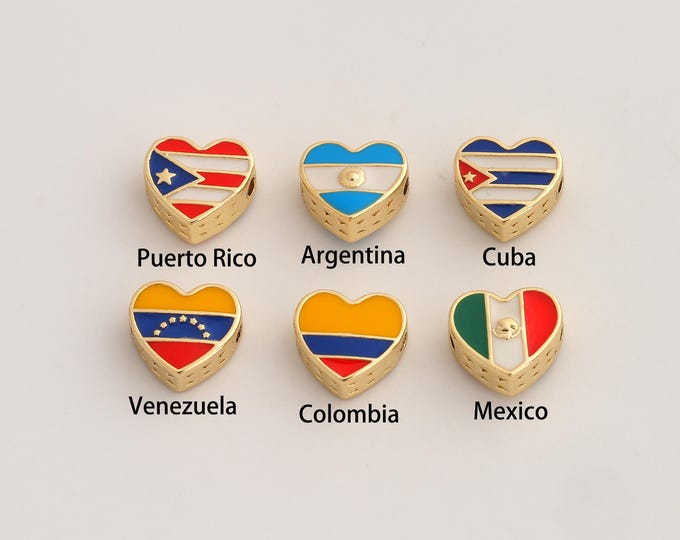 Gold Enamel National Flag Beads, 18K Gold Filld Heart Flag Beads,for Jewelry Making Supplies,10.6x11.4x5.4mm Hole 2.4mm