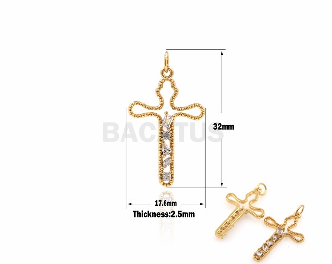 1PCS DIY Jewelry Making Half Hollow Cross Pendant Flower Pendant Cross Charm Micro-Pave 18K Gold Filled CZ Charm  32x17.6x2.5mm
