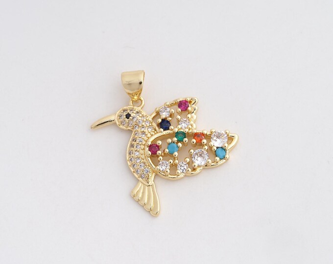 Bird Pendant,Hummingbird Charm, 18K Gold Filled Flying Charm, Micropavé CZ Bird Necklace,DIY Jewelry Supplies,25x24.3x3.8mm