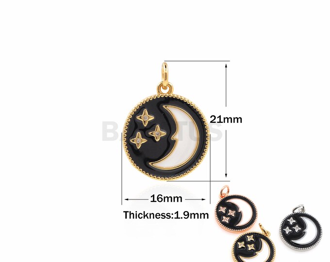 1 Pcs, 18K Gold Filled Enamel Necklace,Crescent Pendant,Round Pendant,Moon Jewelry,DIY Jewelry Making,Black Enamel CZ Pendant, 21x16x1.9mm