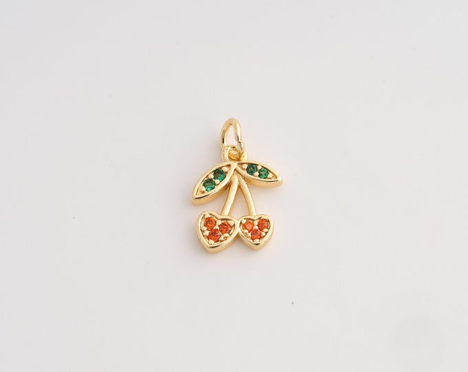 18K Gold Filled Cherry Charm,Dainty Fruit Pendant,CZ Cherry Pendant ,DIY Jewelry Supplies,17x10.8x2mm