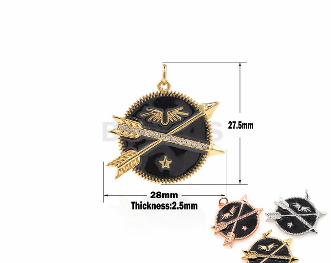 1PCS Round Coin Pendant With Colored Enamel Arrow, CZ Micro-Pave Oil Drop Pendant, Enamel Pendant, Enamel Jewelry Gold Filling 27.5x28x2.5mm