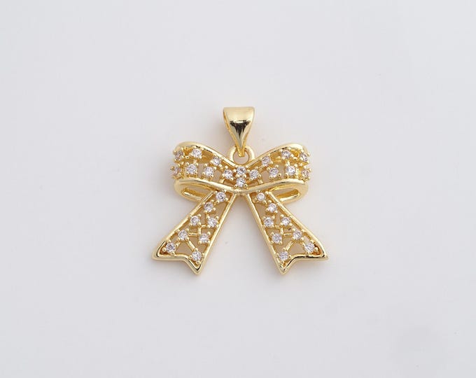 1 Pcs 18K Gold Filled Bow Pendant,MicroPaved CZ Bow Tie Charms, Bow Necklace for DIY Jewelry Making Supplies,21x21.7x4mm