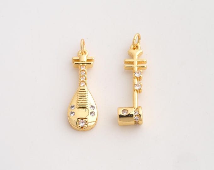 18K Gold Filled Pipa Charm,Dainty Musical Instrument Pendant,CZ Erhu Pendant ,DIY Jewelry Supplies,Erhu 30.7x7.8x5.3mm Pipa 27x8.8x3.4mm