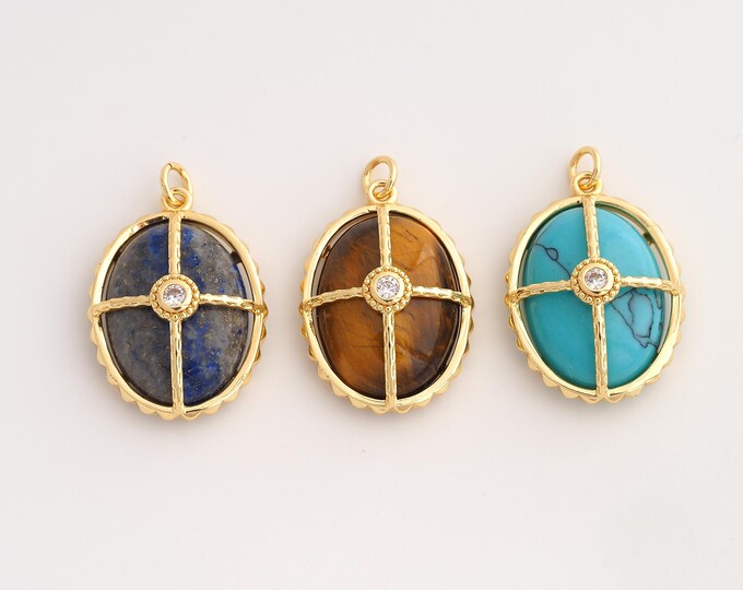 18K Gold Filled Natural Stone Charm,Dainty Energy Stone Pendant,Oval Stone Pendant ,DIY Jewelry Supplies,28.8x19x8.6mm