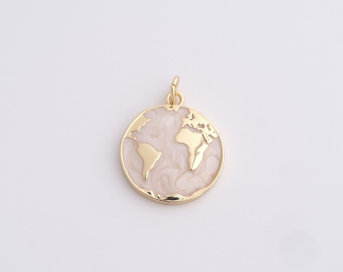 Enamel World Map Pendant 18K Gold Filled Round Pendant Map Charm DIY Jewelry Making,24.2x18.2x2.4mm