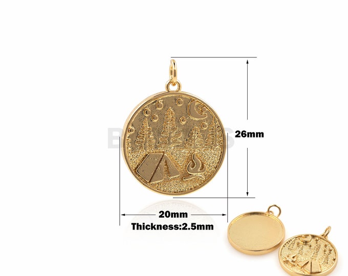 1PCS Disc Camping Pendant Landscape Charm Tent Jewelry Forest Necklace DIY Jewelry Making Accessories 18K Gold Filling 26x20x2.5mm