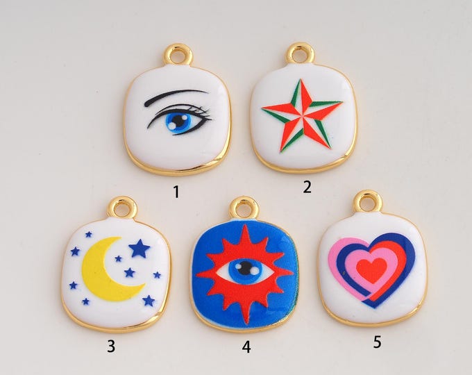 18K Gold Filled Evil Eye Pendant,Enamel Heart Charms,Moon Star Charm DIY Jewelry Making Supply,22.8x17.8x3.3mm
